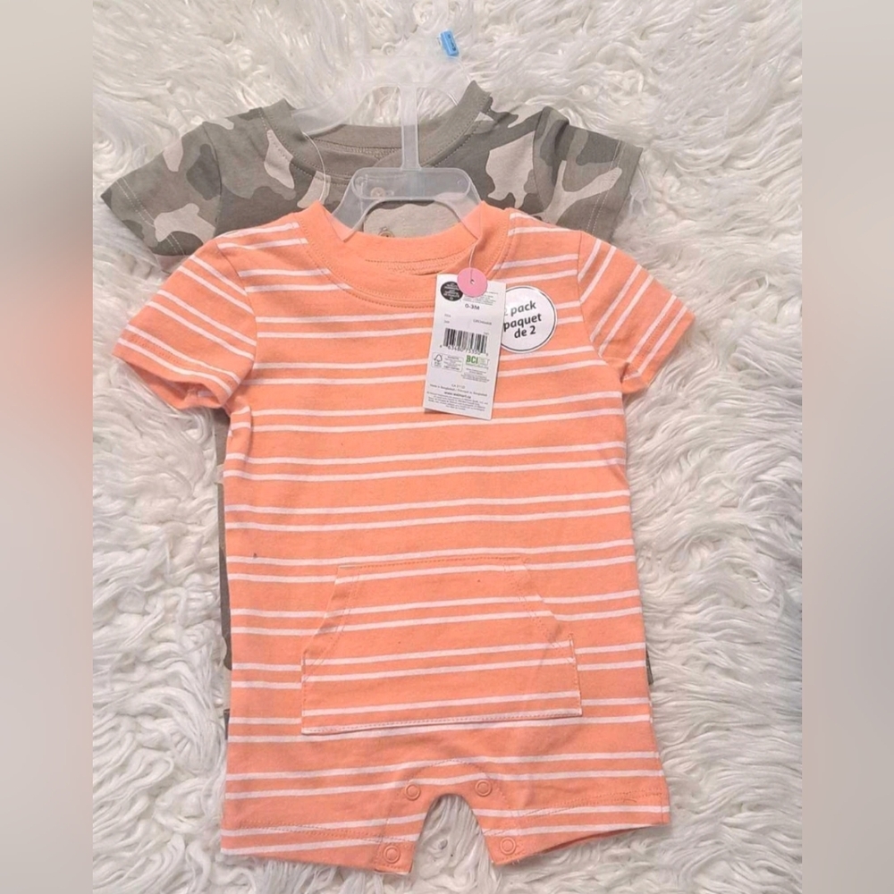 100% Cotton George 2 Pack Orange Striped/ Green Camo Kids One Piece Romper Set